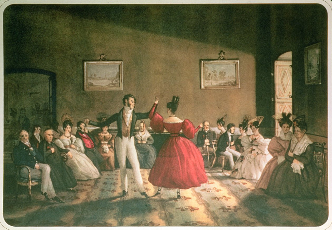 Tanec v salonu v Buenos Aires, kolem roku 1831 (akvarel na papíře) od Domenico Pellegrini