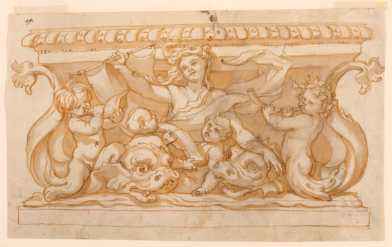 Kresba, fontánová pánev, 1650-75 od Domenico Piola