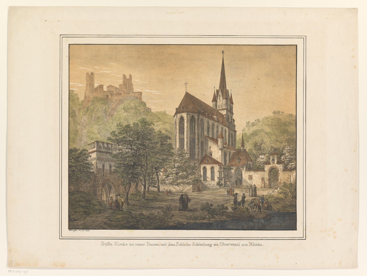 Gezicht op de Kerk en het kasteel te Oberwesel Kolegiátní kostel Panny Marie se zámkem Schönberg v Oberwesel am Rhein (název na objektu) od Domenico Quaglio (II)