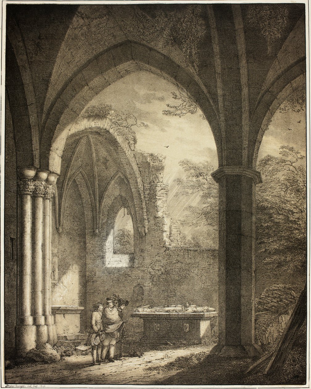 Zřícenina kostela Panny Marie s náhrobky Genevieve a hraběte Palatina Siegfrieda v údolí Mosely poblíž Andernachu, ze sbírky památných středověkých staveb v Německu od Domenico Quaglio