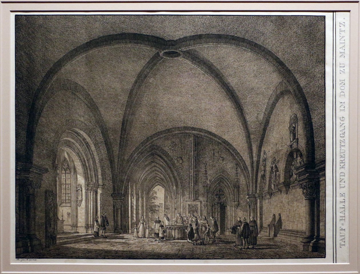 Domenico quaglio II, křtitelnice a křížová chodba katedrály v Mohuči, ze sbírky památných středověkých staveb v Německu, 1823, litografie od Domenico Quaglio the Younger