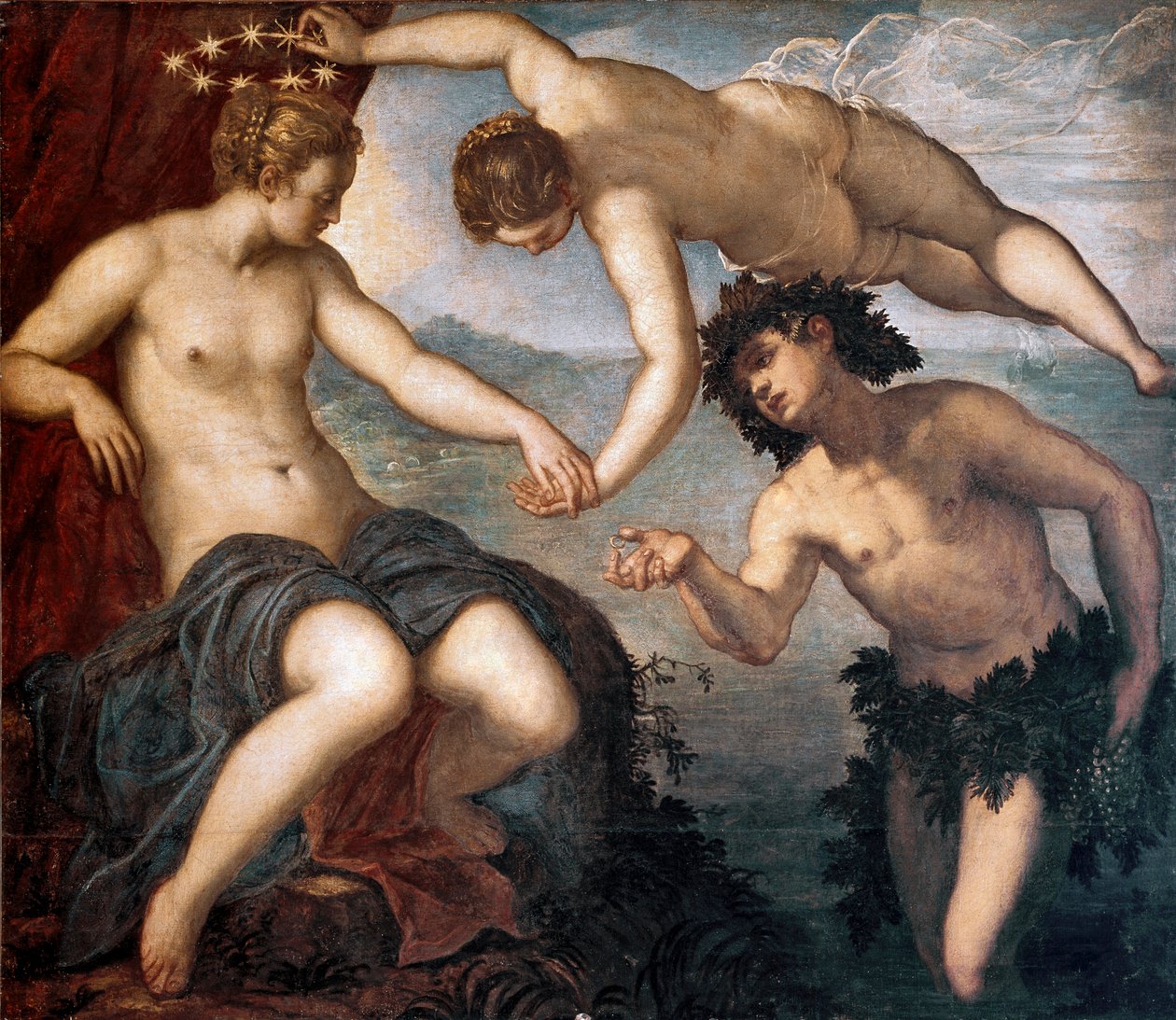 Obraz Bacchus, Venuše a Ariane od Tintoretta nebo Tintoreta (Jacopo Robusti) (1518-1594) 1577-1580 Ne. 146x167 cm Dlaždice anticollege, Dóžecí palác, Benátky od Domenico Robusti Tintoretto