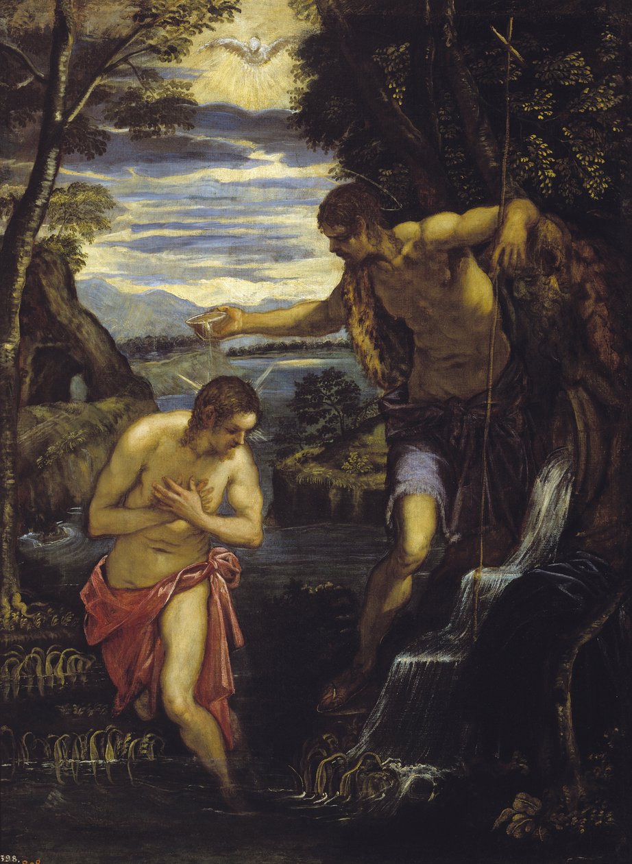 Bapteme du Christ - Křest Krista - Tintoretto, Domenico (1560-1635) - cca 1585 - Olej na plátně - 137x105 - Museo del Prado, Madrid od Domenico Robusti Tintoretto