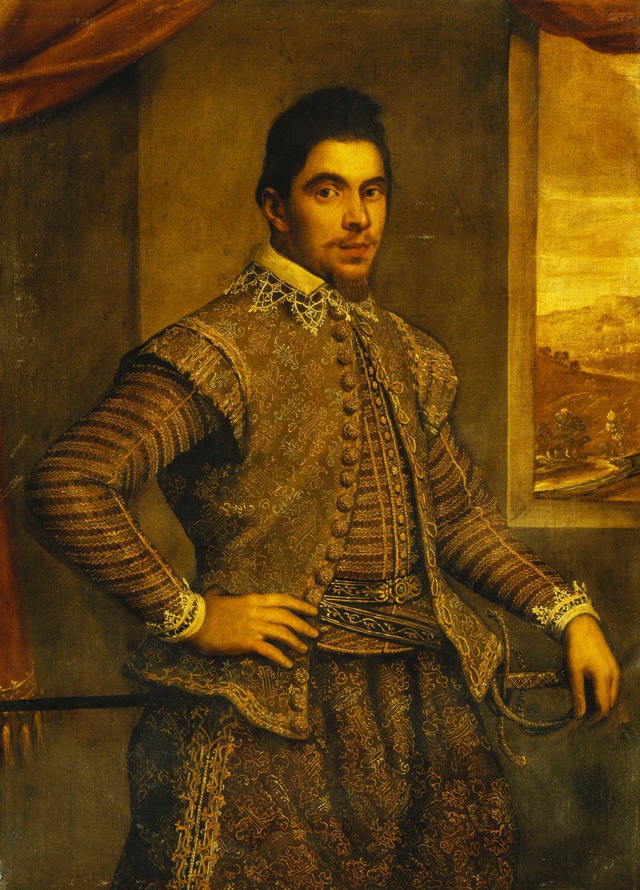 Portrét gentlemana, stojícího tříčtvrteční, v důmyslně vyšívaném kostýmu, před oknem, krajina za ním, od Domenico Robusti Tintoretto