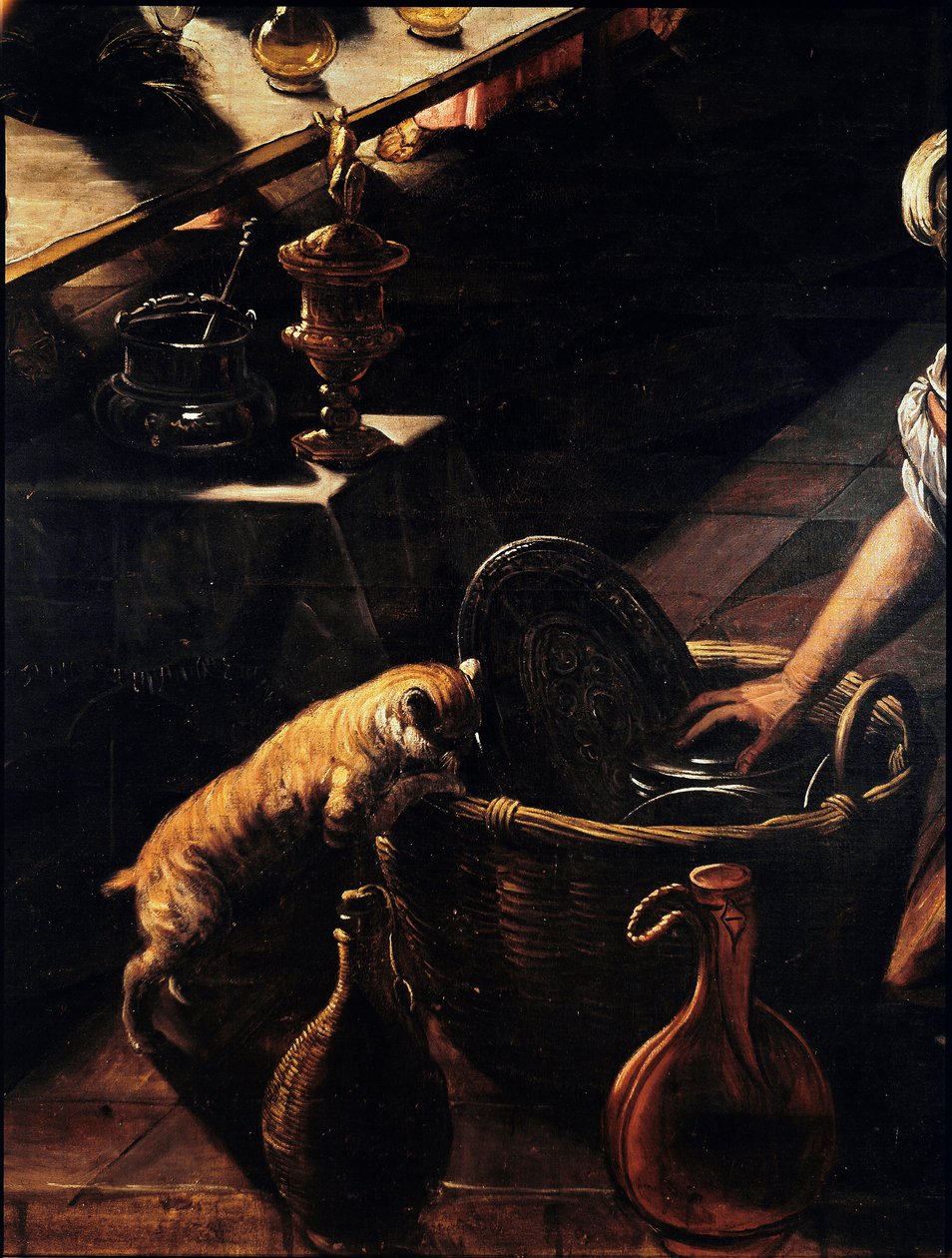 Poslední večeře (La cene) Detail kočky hledající v košíku. Obraz Jacopa Robustiho zvaný Tintoret (Tintoretto) (1518-1594) 1592-1594 Ne. 365x568 cm Benátky, kostel San Giorgio od Domenico Robusti Tintoretto