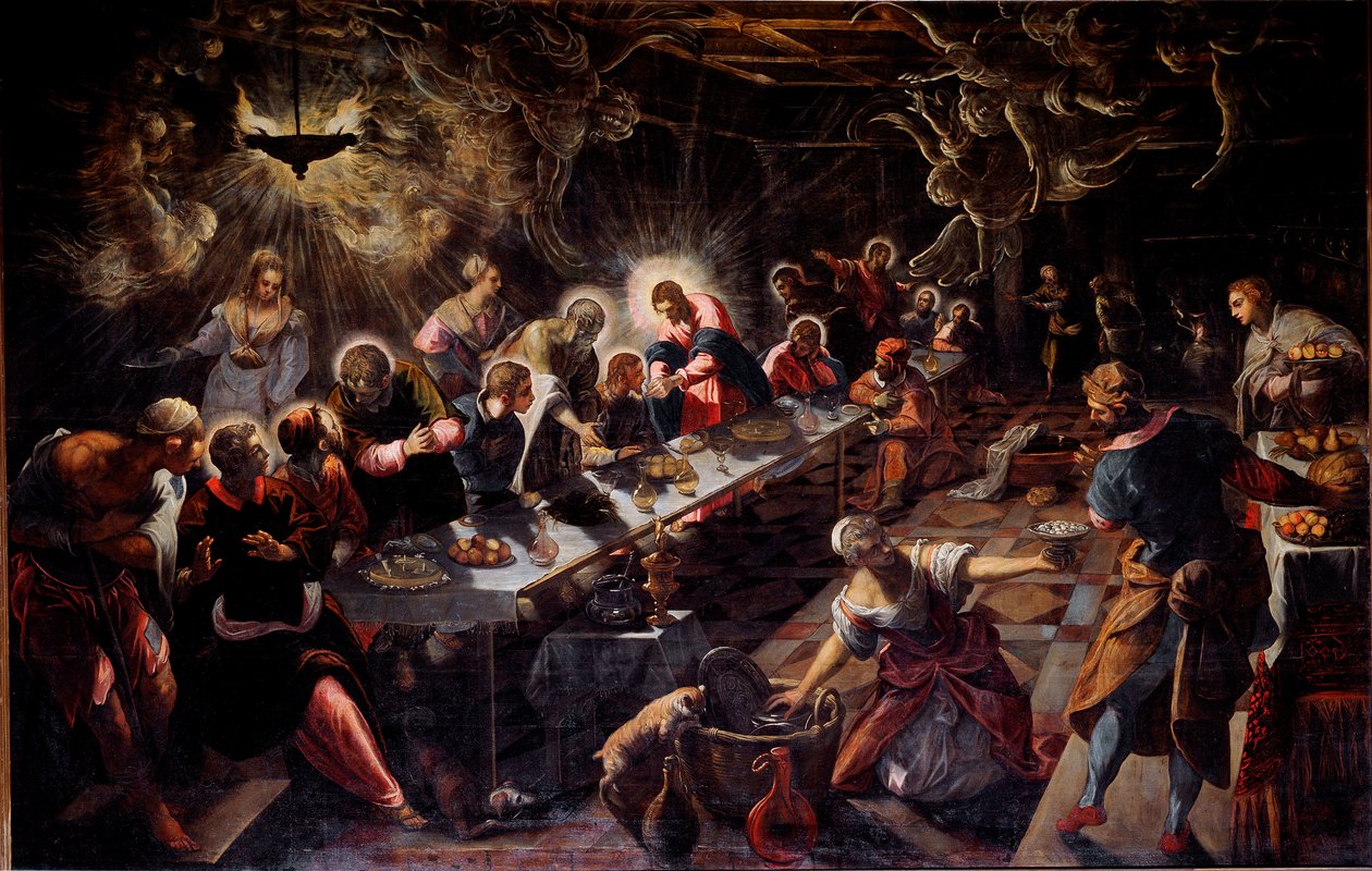 Poslední večeře (La cene) Obraz od Jacopa Robustiho řekl Tintoret (Tintoretto) (1518-1594) 1592-1594 Slunce. 365x568 cm Benátky, kostel San Giorgio od Domenico Robusti Tintoretto