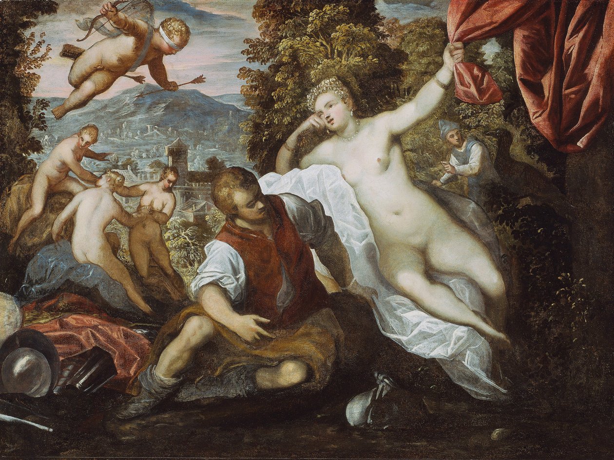 Venuše a Mars s Amorem a třemi Gráciemi v krajině od Domenico Robusti Tintoretto