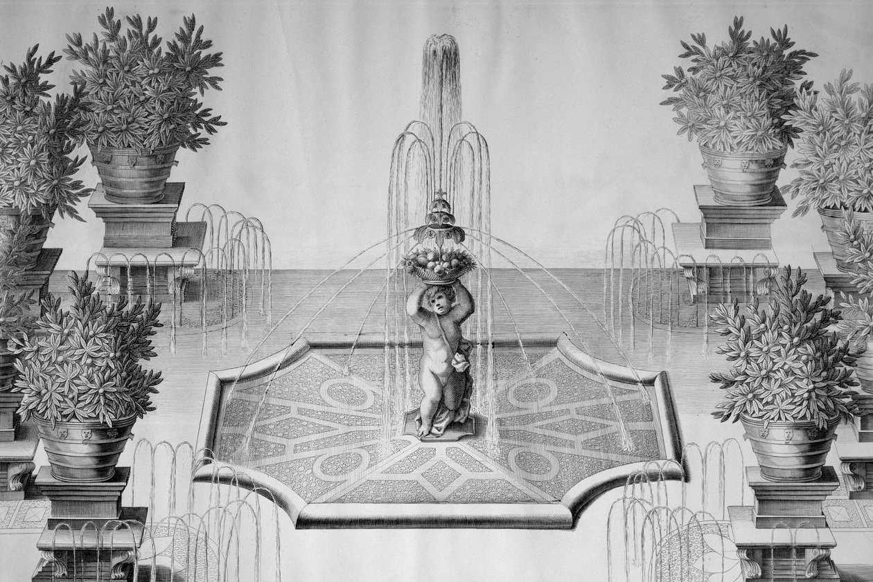 Fontána květin v zahradě Villa Barbarigo ve Valsanzibio (Benátsko), rytina Domenica Rossettiho (1651-1736) z Továren a zahrad vynikajícího Casa Barbariga Valsanzibio, vytištěno ve Veroně v roce 1702, Itálie od Domenico Rossetti