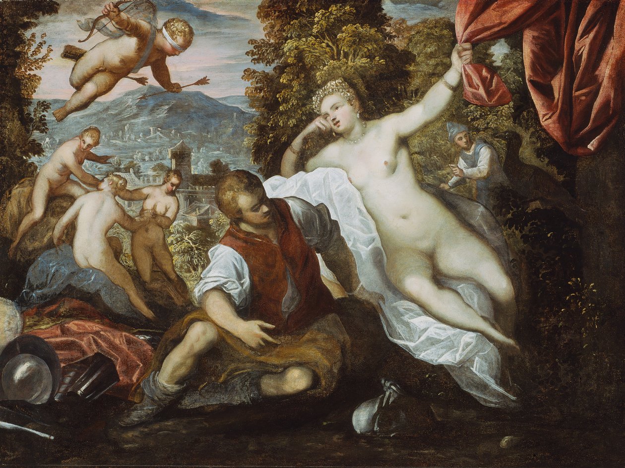 Venuše a Mars s Amorem a třemi Gráciemi v krajině, 159095 od Domenico Tintoretto