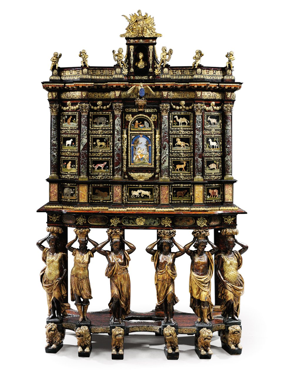 Skříň na stojanu Ludvíka XIV. (pozlacený bronz, pietra dura, želvovina, jasan, ebonizované a pozlacené) (viz také 1766356-7) od Domenico and Gobelins workshop (attr. to) Cucci
