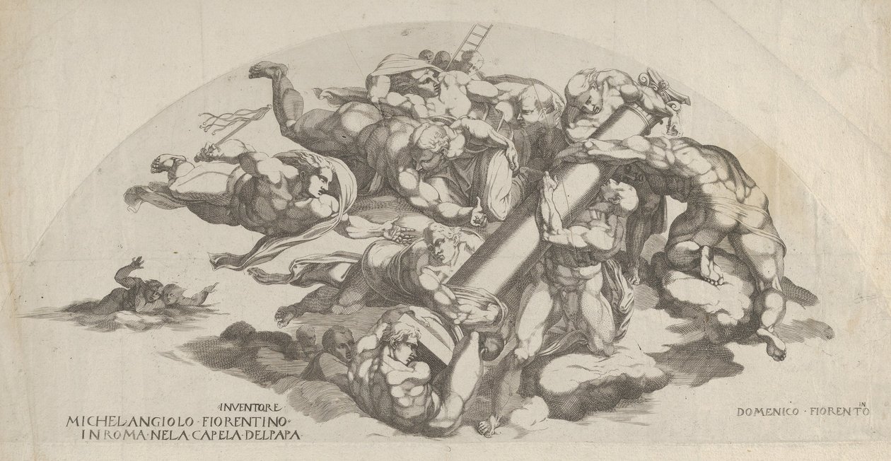 Skupina z Posledního soudu, Andělé nesoucí sloup bičování a t..., 16. století. od Domenico del Barbiere