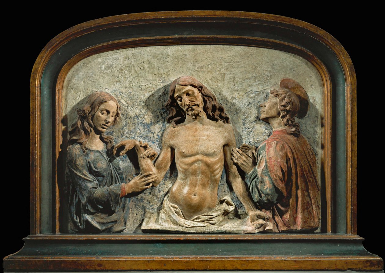 Mrtvý Kristus uctívaný svatým Janem Evangelistou a svatou Marií Magdalenou... od Domenico di (15th century) Paris
