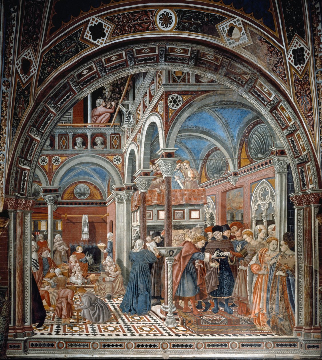 Pohled na sirotčinec Santa Maria della Scala v Sieně Vlevo se chůvy starají o opuštěné děti, vpravo těhotná žena nucená se vdát. Freska od Domenica di Bartolo (aktivní mezi 1428 a 1447) Spedale di Santa Maria del od Domenico di Bartolo