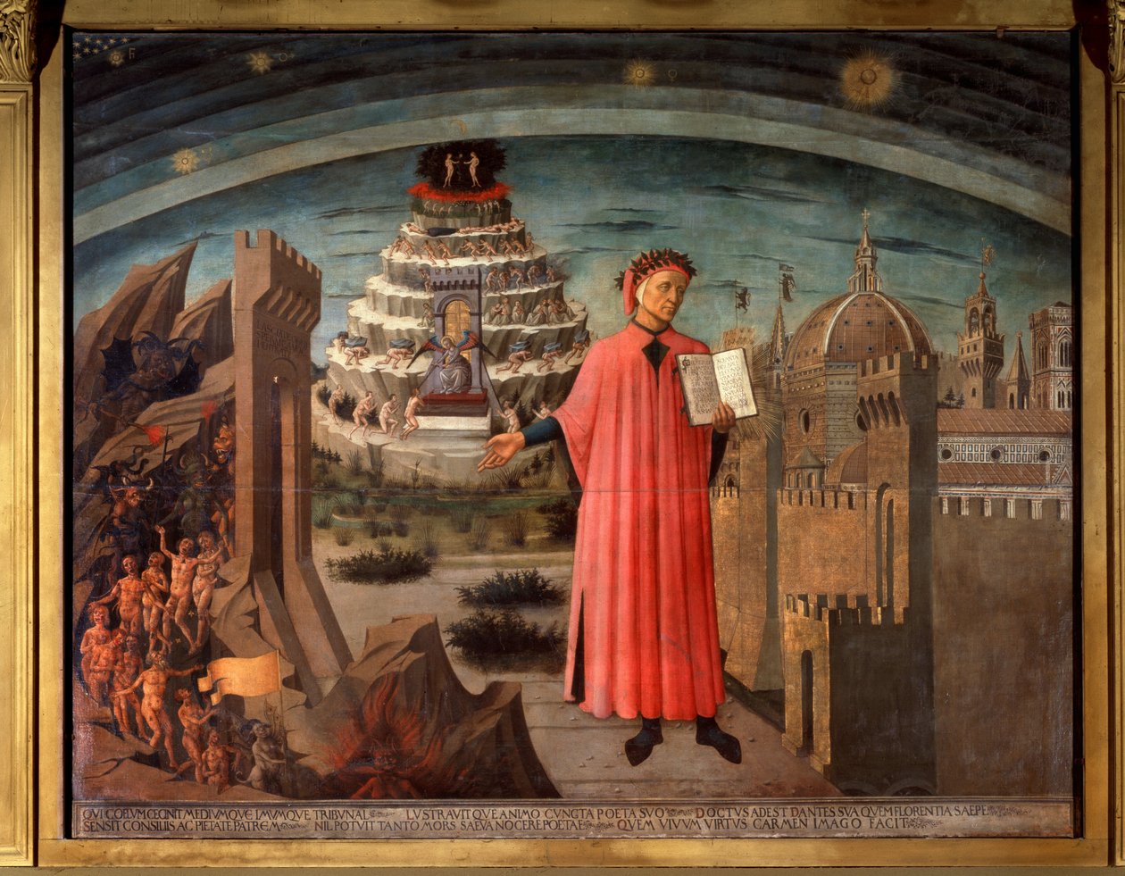 Dante Alighieri a jeho komedie. Portrét nájemníka Danteho na hlavní božské komedii od Domenico di Michelino