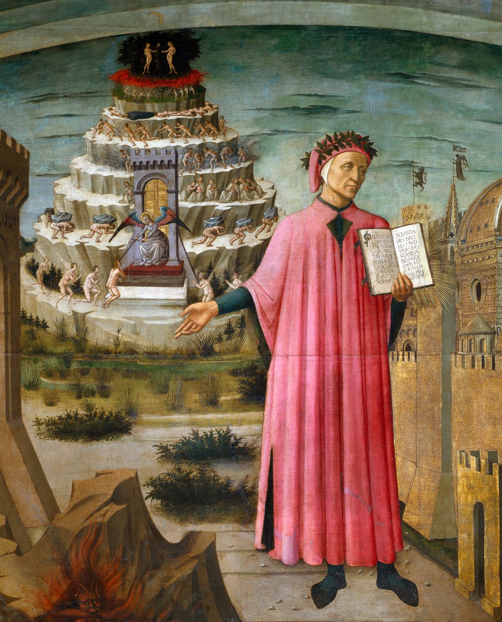 Dante Alighieri drží svou báseň Božská komedie. Nedaleko něj peklo a město Florencie, v pozadí Očistec a ráj od Domenico di Michelino