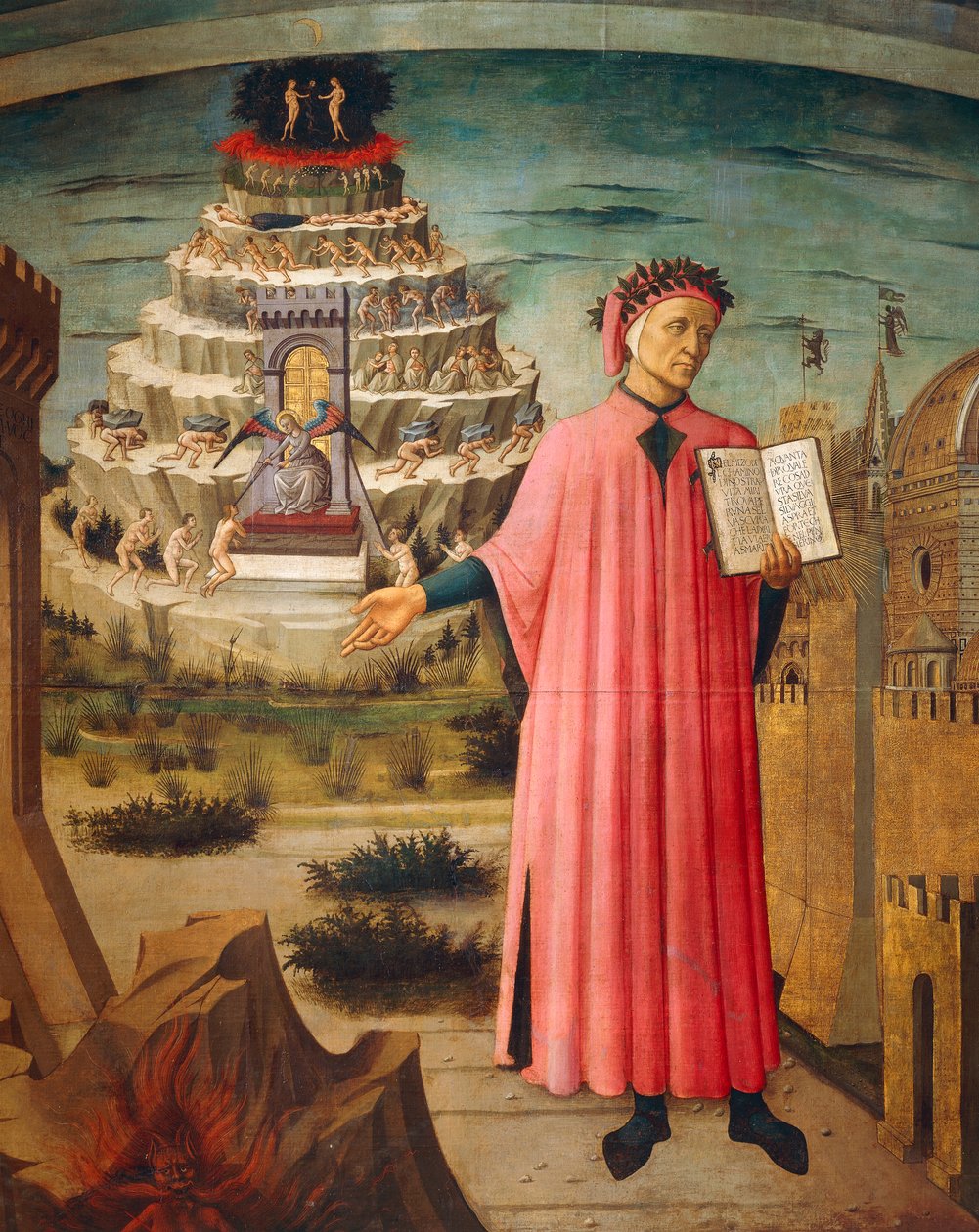 Dante Alighieri s Božskou komedií v ruce a horami očistce v pozadí, detail z Božské komedie, od Dante Alighieriho (1265-1321), od Domenica di Michelino (1417-1491), freska, Bazilika Svaté Marie Květinové, Florencie. Itálie, 1465 od Domenico di Michelino