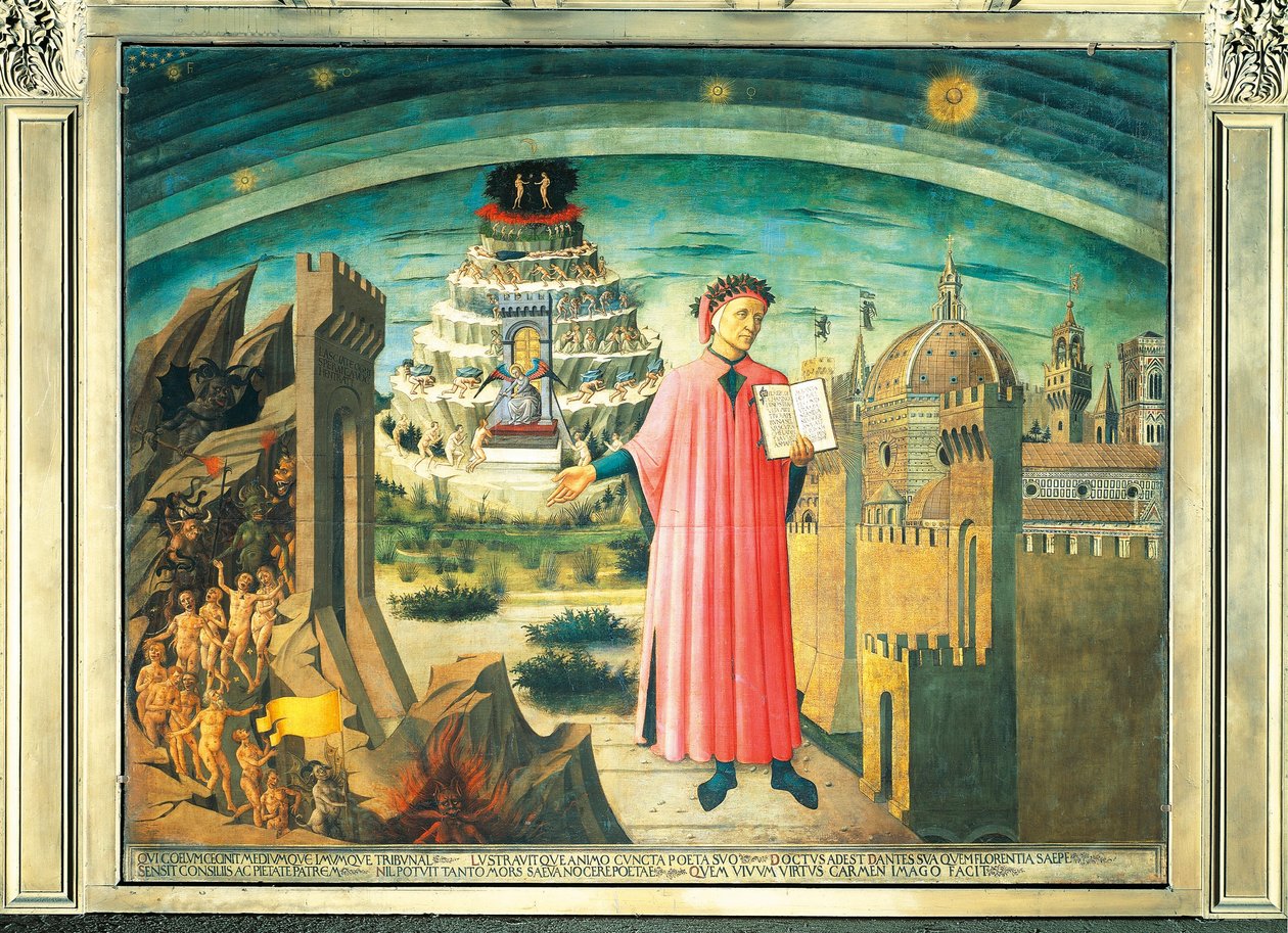 Dante a jeho báseň „Božská komedie“ od Domenico di Michelino