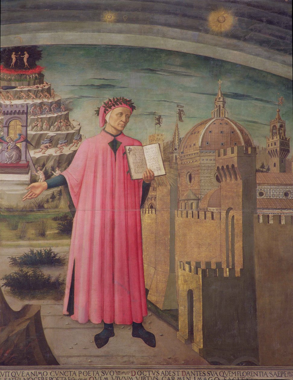 Dante čte z Božské komedie tempera na desce detail 42355 od Domenico di Michelino
