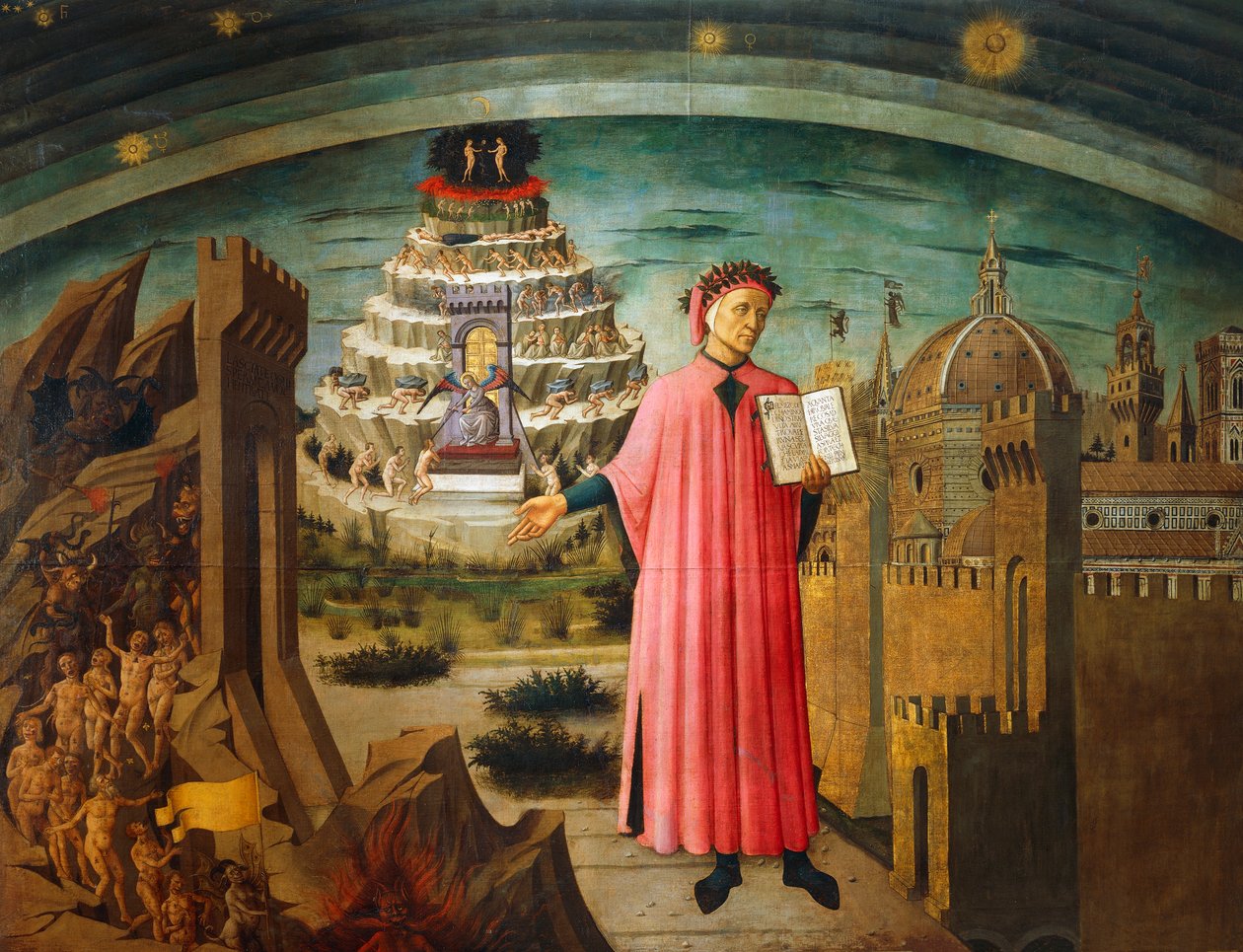 Božská komedie, Dante Alighieri (1265-1321), Domenico di Michelino (1417-1491), freska, Bazilika Panny Marie Květinové, Florencie, Itálie od Domenico di Michelino