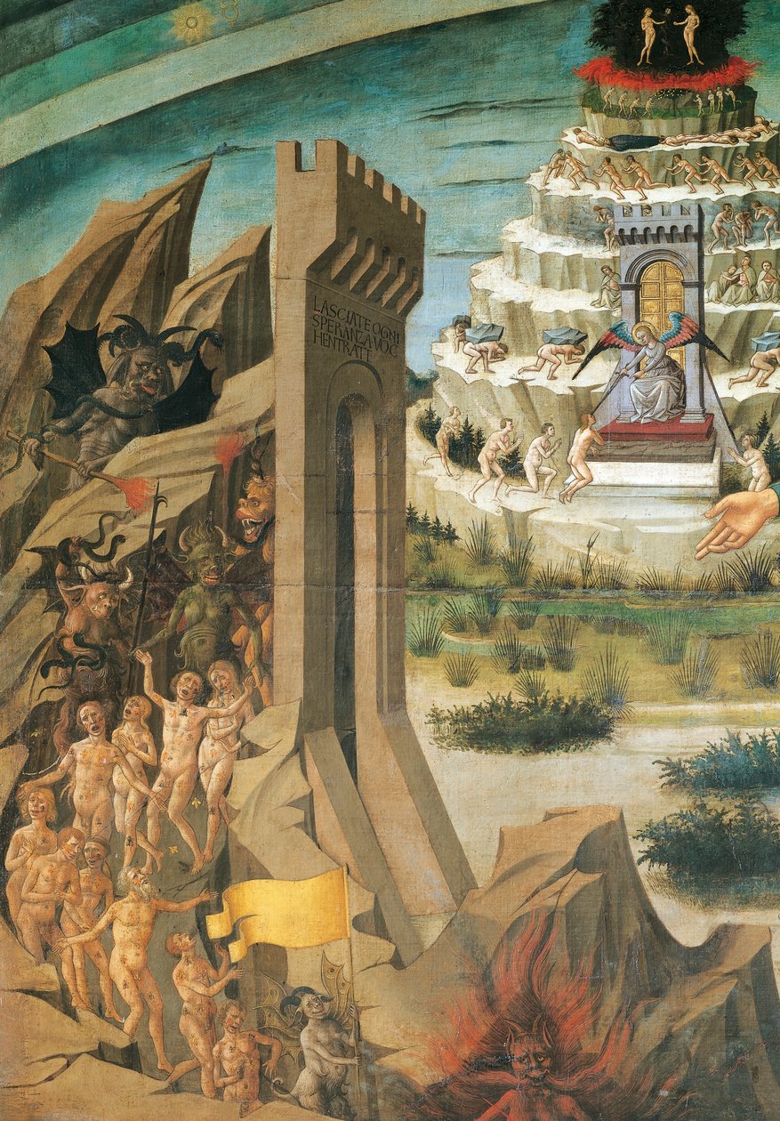 Postavy zatracených, detail z Danteho držícího Božskou komedii, freska od Domenica di Michelino (1417-1491), katedrála Santa Maria del Fiore, Florencie, Itálie od Domenico di Michelino
