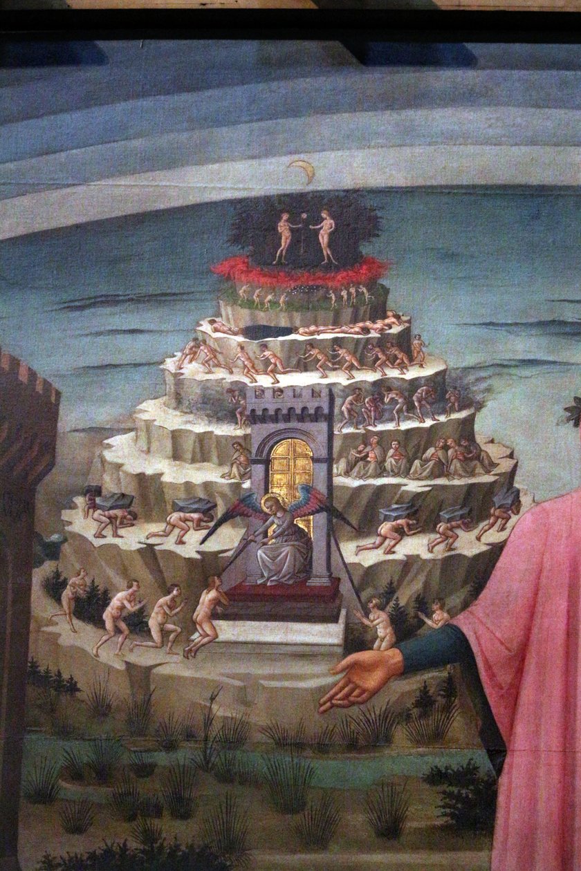 Italština:  Dante Dante Alighieri s Florencií a říšemi Božské komedie (Peklo, Očistec, Ráj) od Domenico di Michelino