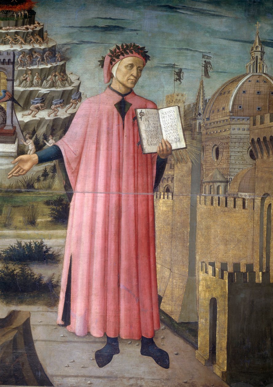 Itálie, region Toskánsko, Florencie, katedrála, portrét Dante Alighieri, Florencie a alegorie Božské komedie od Domenica di Michelino, psinka na plátně od Domenico di Michelino
