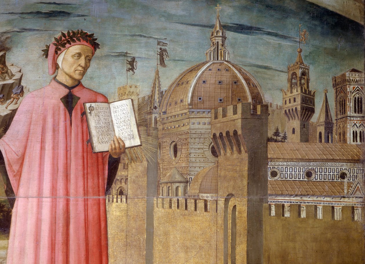 Itálie, Toskánsko, Florencie, portrét Dante Alighieri, Florencie a alegorie Božské komedie od Domenica di Michelino od Domenico di Michelino