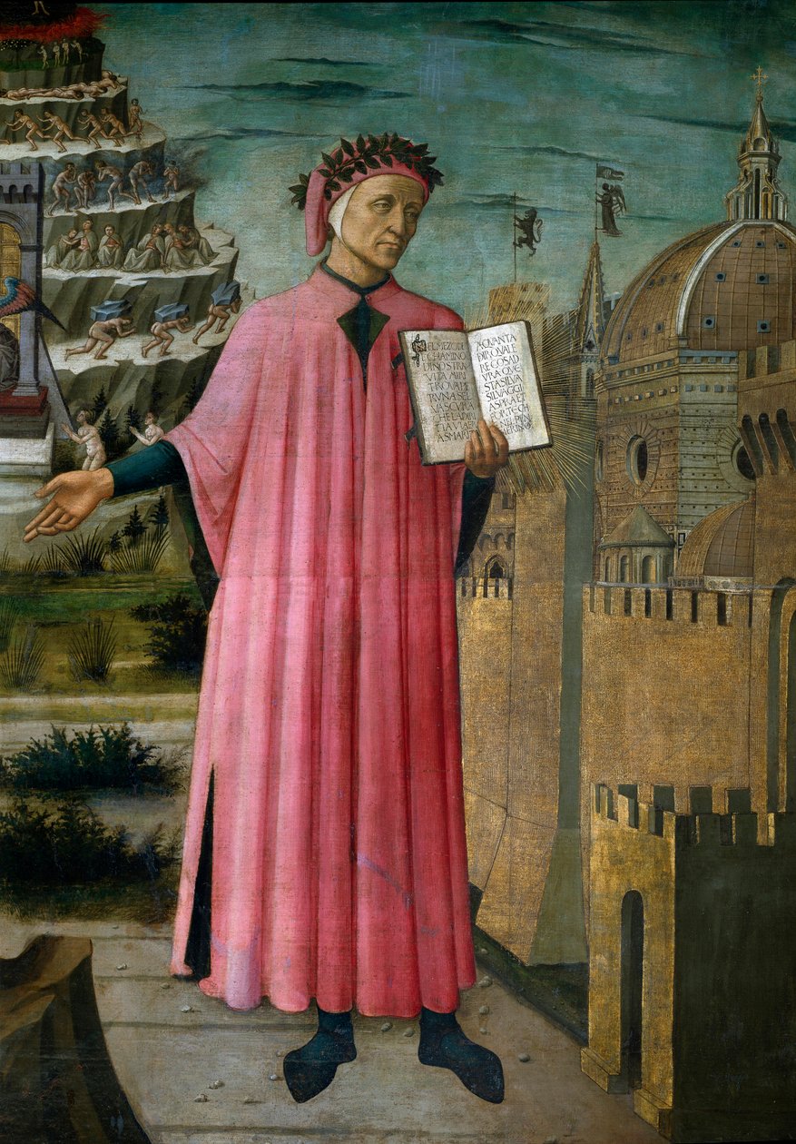 Italský básník Dante Alighieri (1265-1321) představuje své dílo La božská komedie „(Božská komedie)“. Detail. Freska od Domenica di Michelino (1417-1491), Cathedrale Santa Maria del Fiore, Florencie. (Duomo, Florencie) Itálie od Domenico di Michelino
