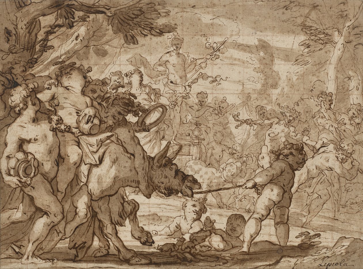 The Triumph of Bacchus, c.1642-1703 (pero a hnědý inkoust a omývání červenou křídou na položený papír) od Domenico the Elder Piola