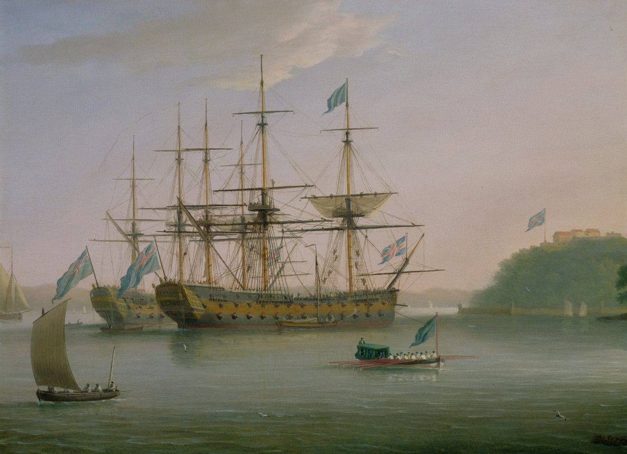 Dva britští muži války kotvící pod Mount Edgecombe v Plymouthu s admirálovou bárkou vracející se na břeh od Dominic Serres