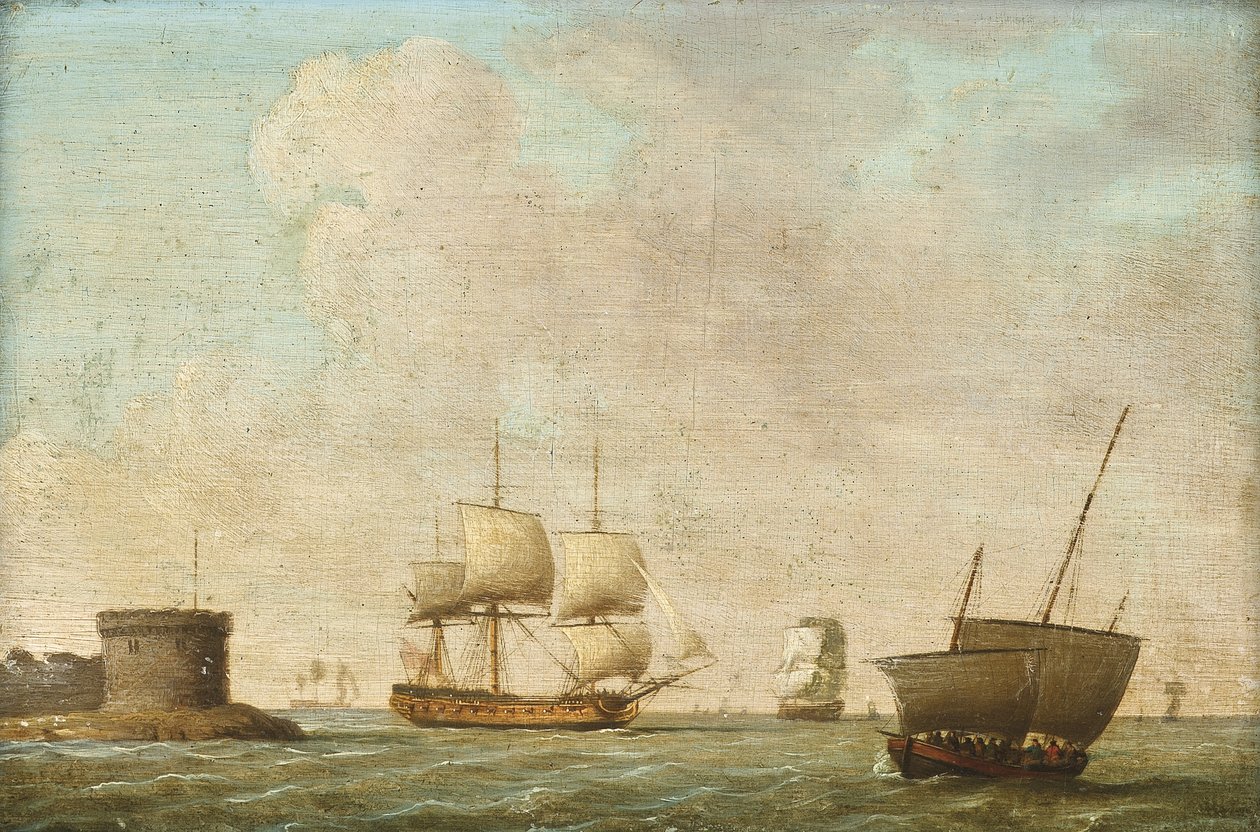 Fregata míjí přeplněný lugger od Dominic (attributed to) Serres