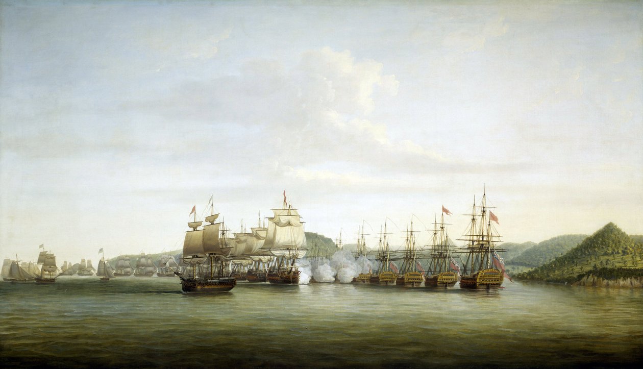 Americká revoluce (nebo americká revoluční válka) 1775-1783: Manévr majora Samuela Barringtona na ostrově Svatá Lucie, francouzském území v Západní Indii, 15. prosince 1775. od Dominic Serres