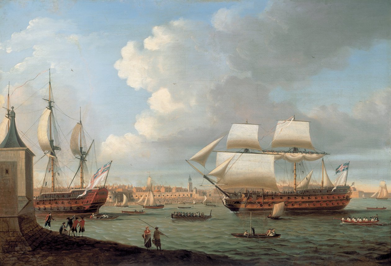 Foudroyant a Pégase vplouvají do přístavu Portsmouth, 1782 od Dominic Serres