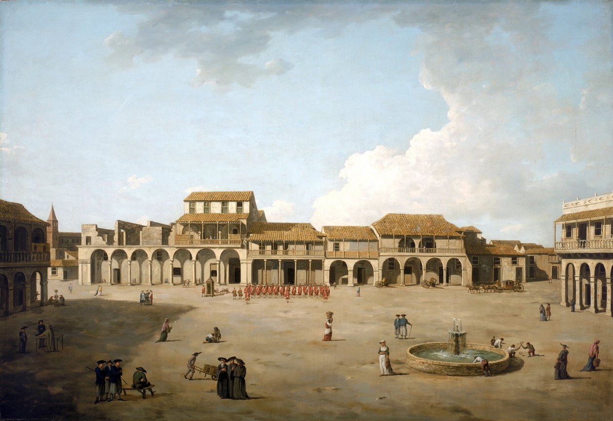 Havanské náměstí (Kuba), srpen a září 1762, za britské okupace, s jednotkou vojáků v červených uniformách, popisem budov a několika anglickými námořníky u kašny od Dominic Serres
