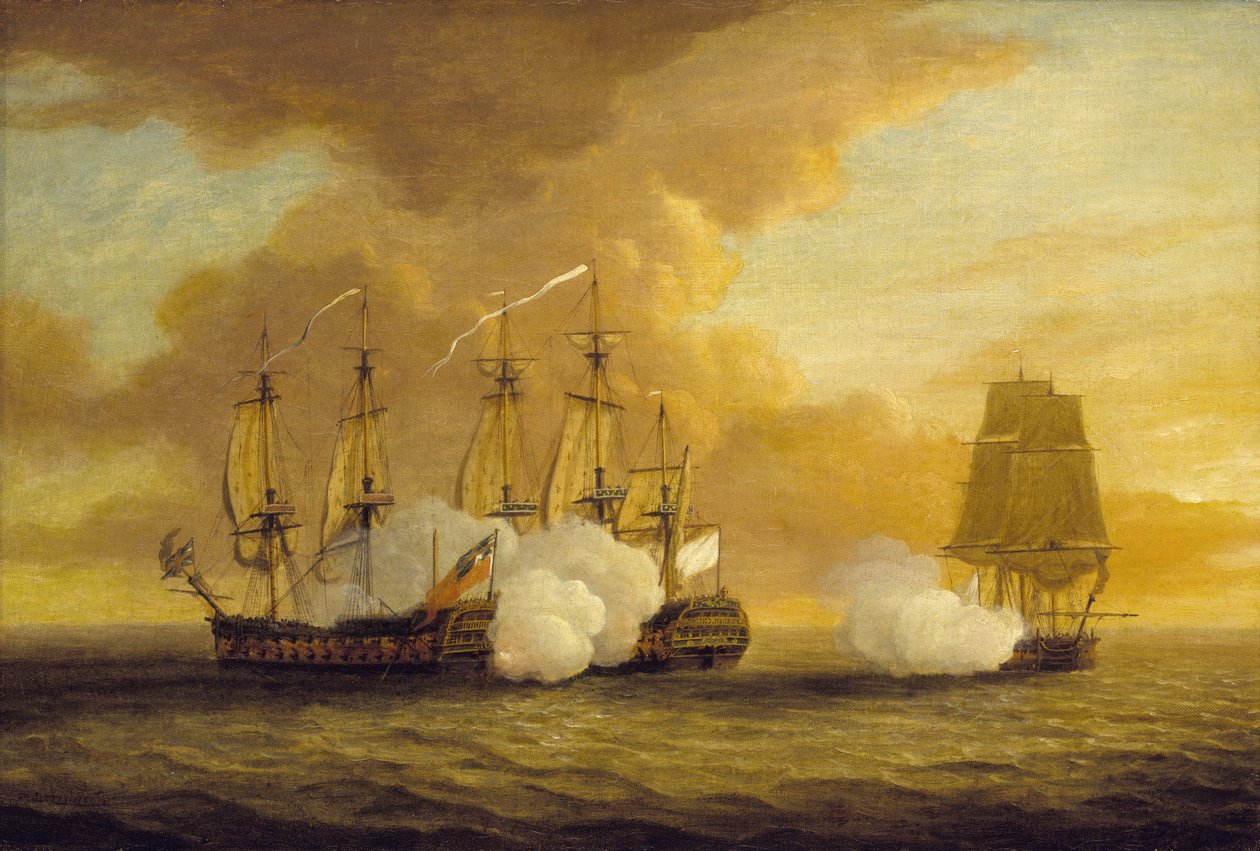 Námořní souboj mezi HMS Lion a Elisabeth a francouzskou lodí Du Teillay 9. července. od Dominic Serres