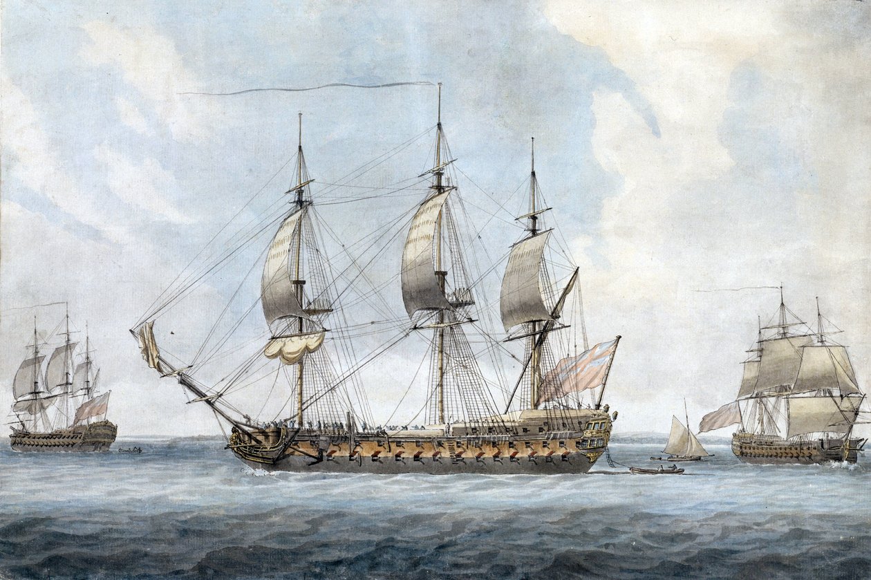 Portrét britské lodi se 74 děly v Solentu (Anglie), viděný ze tří různých úhlů. Obraz Dominika Serrese staršího (1719-1793), akvarel kolem roku 1788. od Dominic Serres