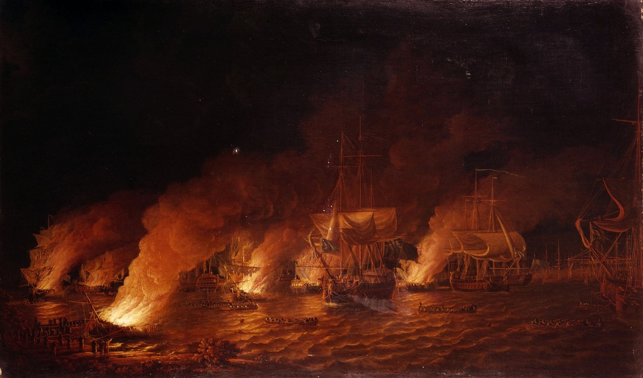 Sedmiletá válka (1756-1763): Francouzské válečné lodě útočí v noci 28. června 1759 na britskou flotilu u Quebecu (Kanada). Olej na plátně od Dominic Serres
