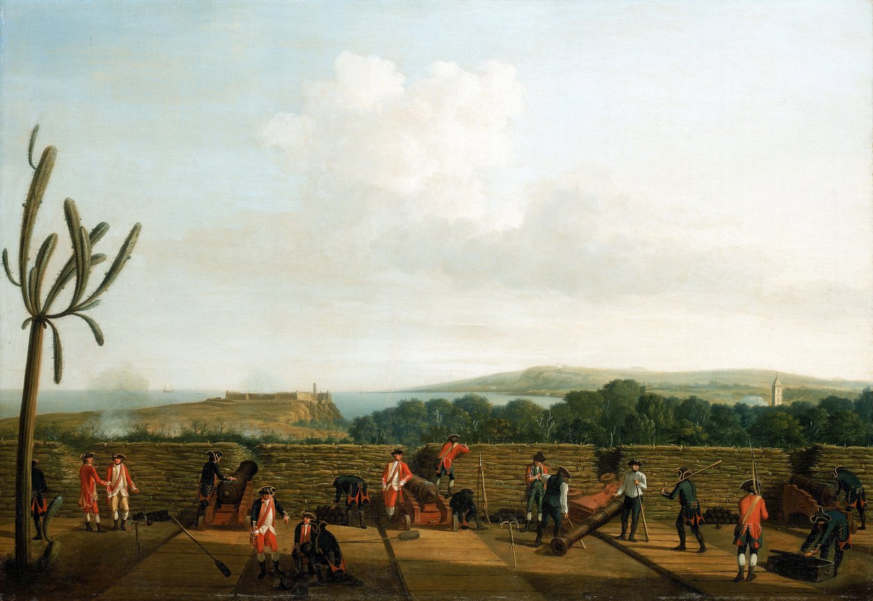 Sedmiletá válka (1756-1763): Na obzoru je vidět britská dělová baterie před hradem Morro, umístěná na dřevěné plošině (platformě) s ochranným parapetem, dělostřelci jsou oblečeni v modrém, na obzoru je hrad Morro. od Dominic Serres