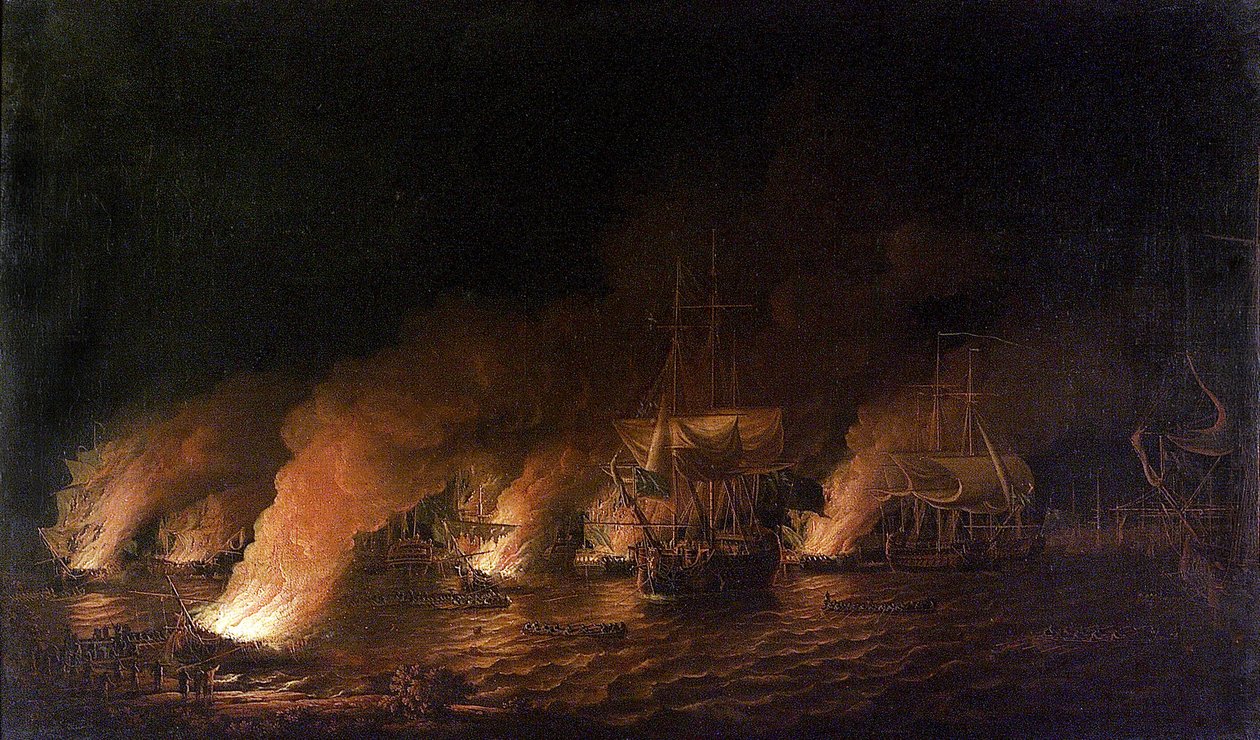 "Sedmiletá válka" (1756-1763): Francouzské válečné lodě útočí v noci 28. června 1759 na britskou flotilu u Quebecu (Kanada). od Dominic Serres