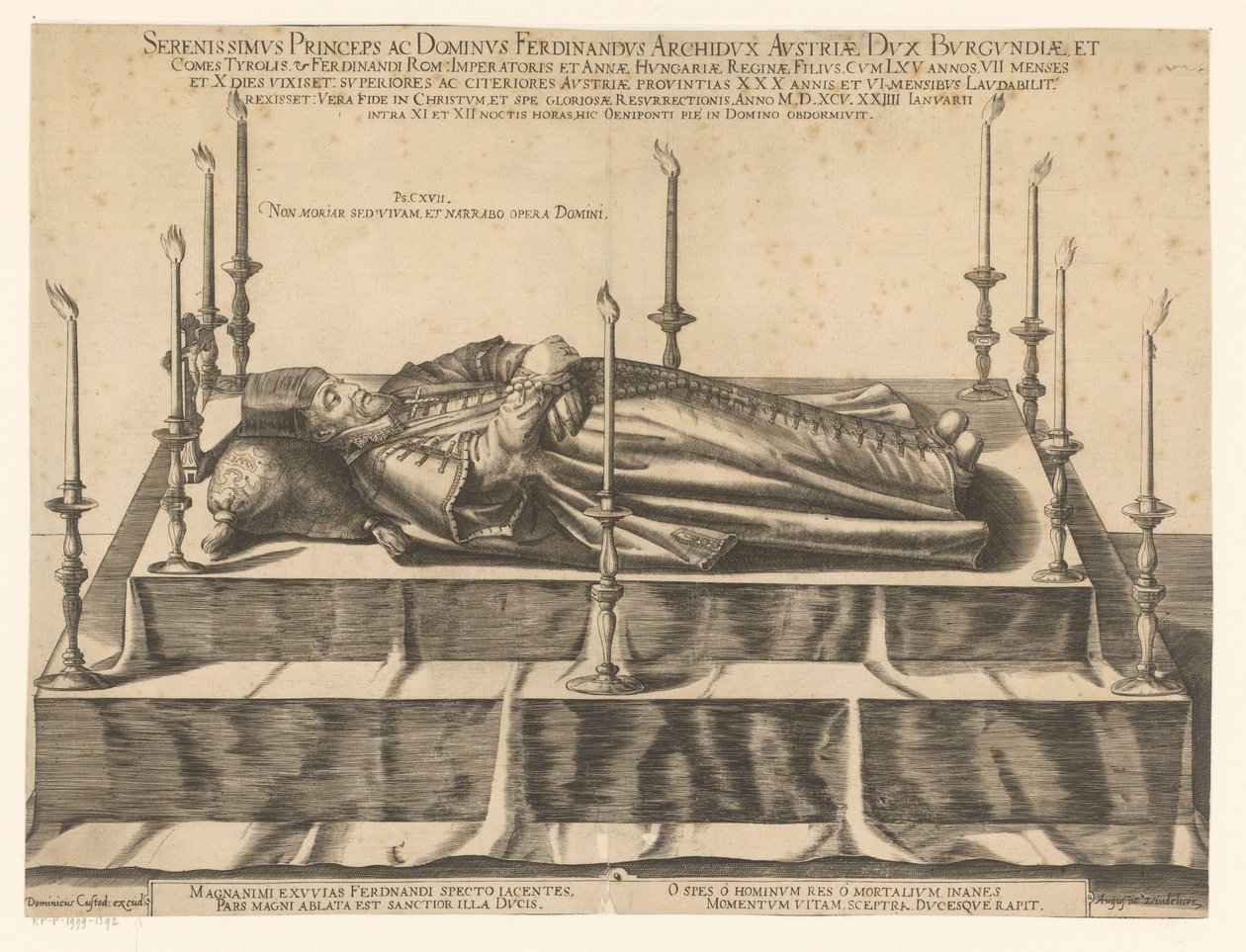 Doodsportret van Ferdinand II van Tirol Nejklidnější princ a lord Ferdinand arcivévoda Rakouský (...) (titul na předmětu) od Dominicus Custos (possibly)