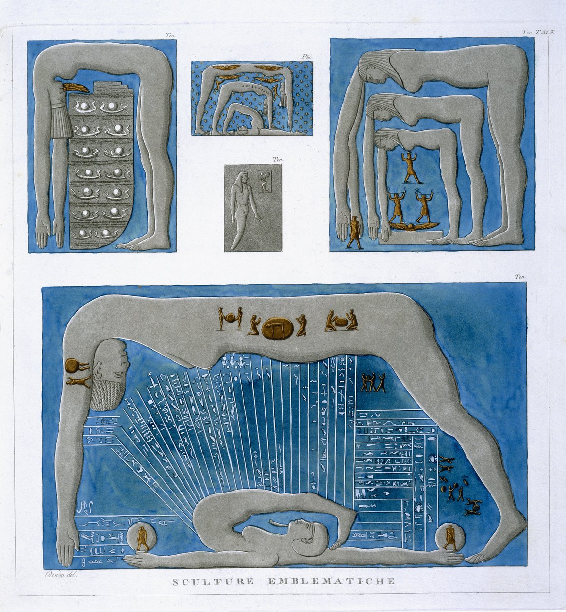 Emblatické reliéfy, týkající se mýtů o stvoření, z „Voyage dans la Basse et la Haute-Egypt“, 1802 od Dominique Vivant Denon