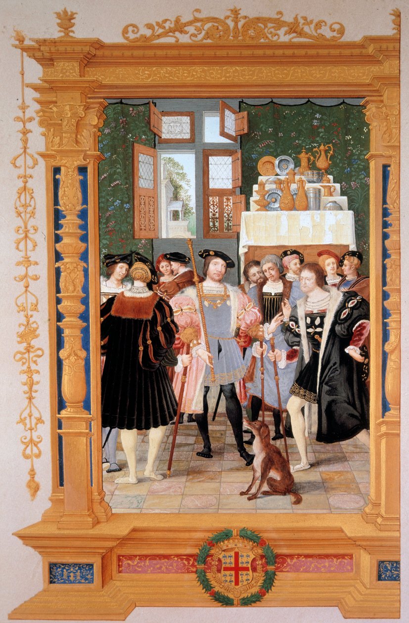 Etienne Leblanc (1490-1565) předkládá Anně de Montmorency (1493-1567) svůj překlad řeči Cicerona (1531) - Kopie frontispice dochované v Petrohradu (Rusko), kvaš od Dominique Henri Guifarda (1838-1913) , konec 19. století - C od Dominique Henri Guifard