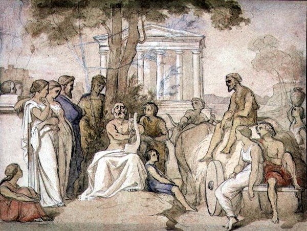 Slepý muž hrající na loutnu (pero a inkoust, akvarel a bílé zvýraznění na papíře) od Dominique Louis Papety