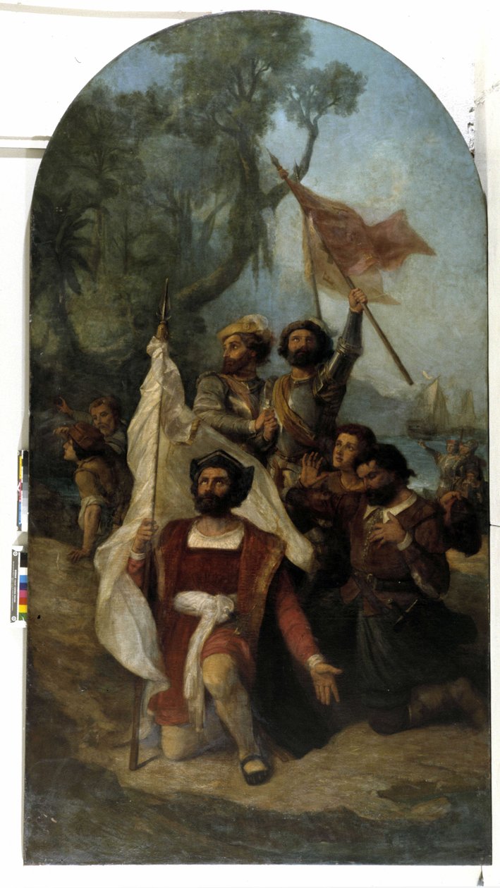Mořeplavec Christopher Columbus (Cristoforo Colombo, Cristobal Colon) (1451-1506), když v roce 1492 dorazil do Nového světa (olej na plátně) od Dominique Magaud