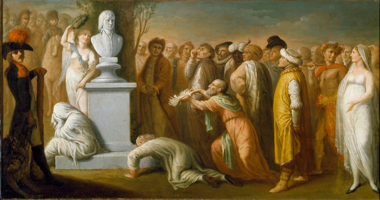 Kampaň (expedice) do Egypta (1798-1801): „“ Návrat Napoleona Bonaparta (1765-1821) z Egypta v říjnu 1799“““ alegorické znázornění generála Napoleona vítězného po návratu z Egypta, symbolizované jeho bustou z mramoru , který je korunován od Dominique Vivant Denon