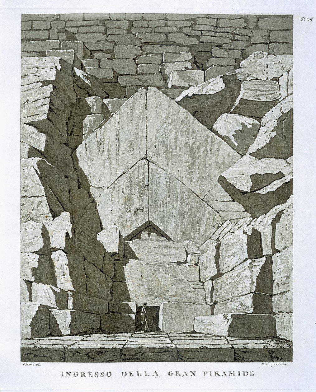 Vchod do pyramidy, vyrytý Rossi (litho) od Dominique Vivant Denon