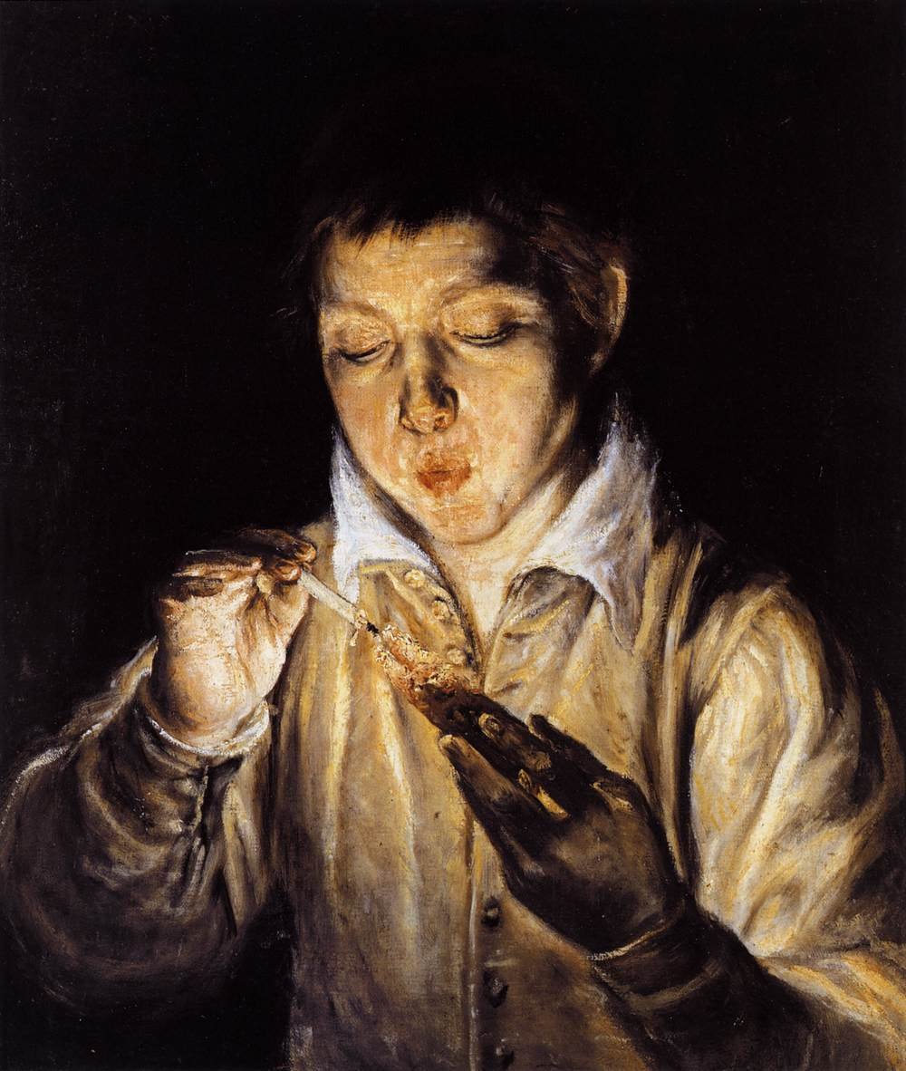 Chlapec fouká na žhavé uhlíky, aby zapálil svíčku od El Greco