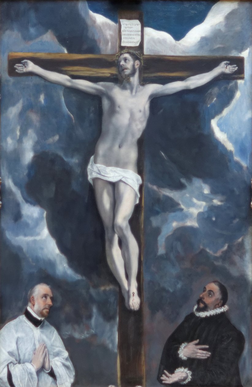 Krista na kříži zbožňují dva dárci od El Greco