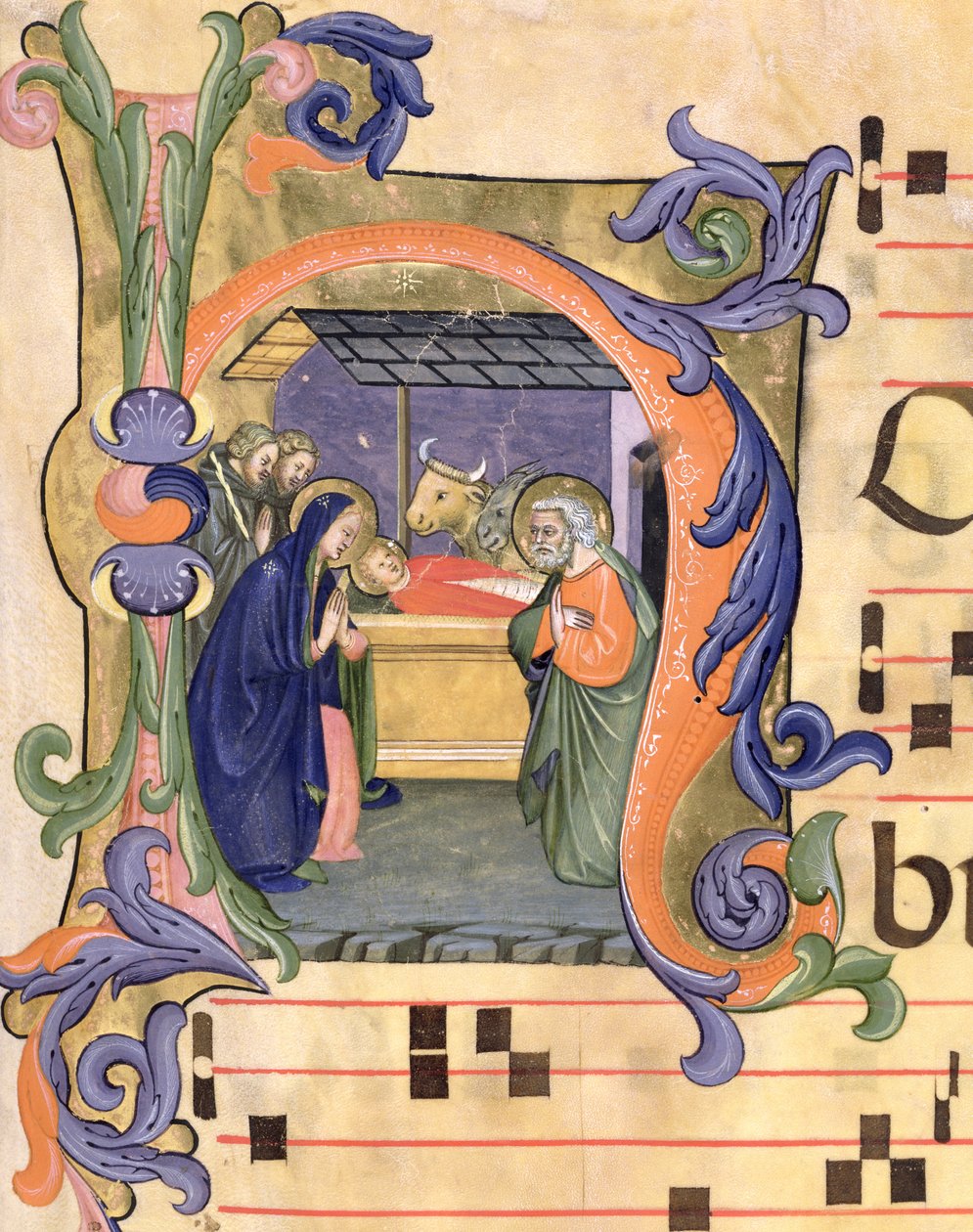 Ms 571 f.6r Historická iniciála „H“ zobrazující Narození Páně z antifony osvětlené Donem Simonem Camaldolese (a škola) (fl.1381-1426) ze Santa Maria del Carmine, Florencie od Don Simone Camaldolese