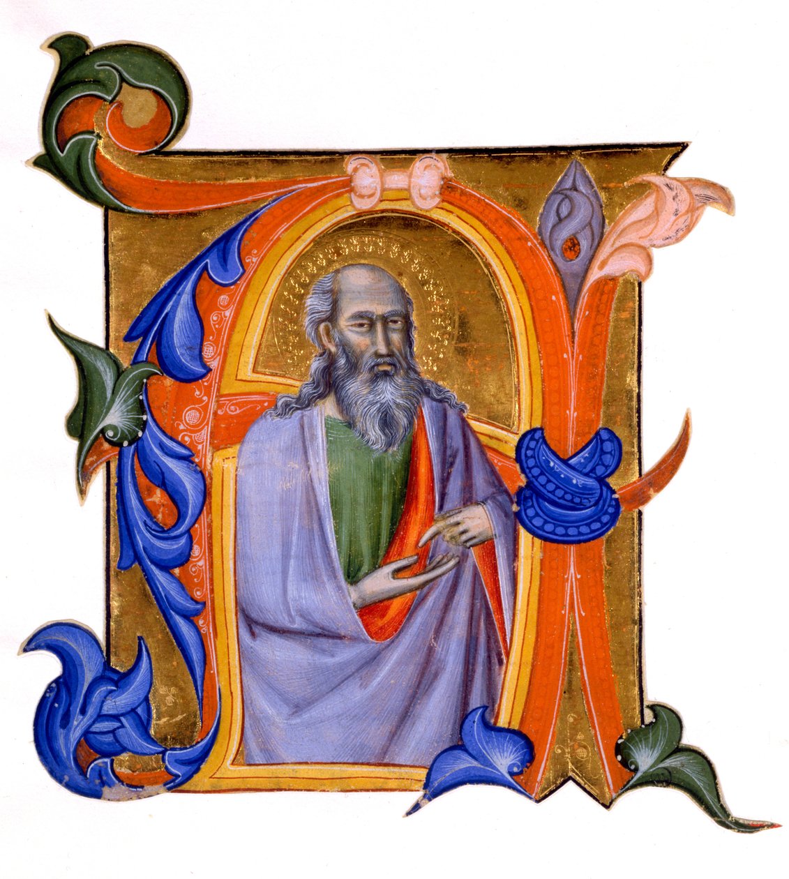 Iluminovaná iniciála A, cca 1382-99 (pigment na vodní bázi a plátkové zlato na pergamenu) od Don Silvestro dei Gherarducci
